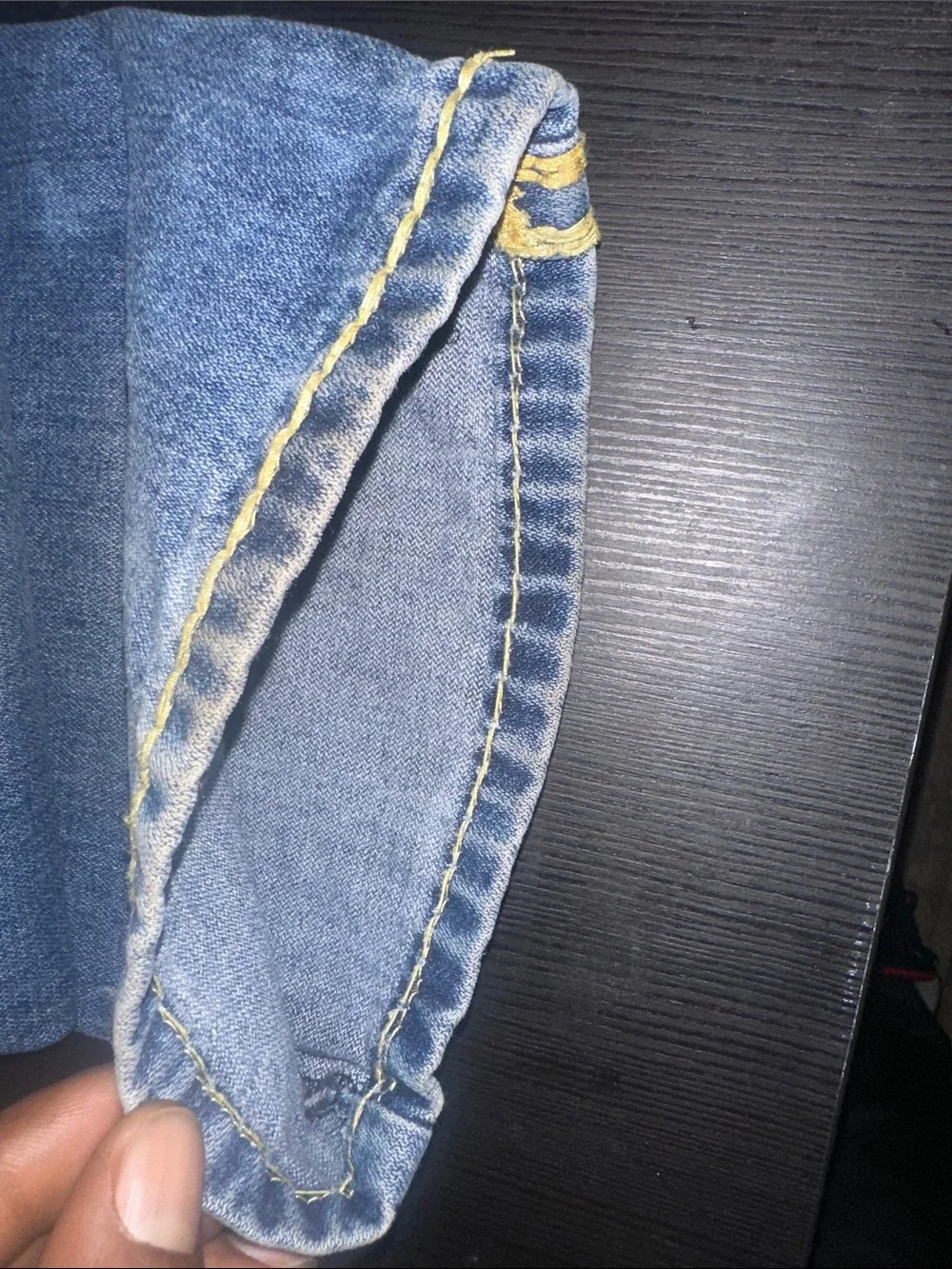 True Religion Men's Blue Jeans with Yellow Contrast Stitching